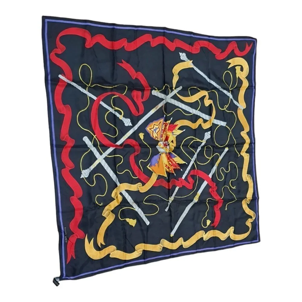 Scarf Ellen Tracy 100% Sllk Lions Crest Square 34x34 Inches Red Gold Ribbon Bows